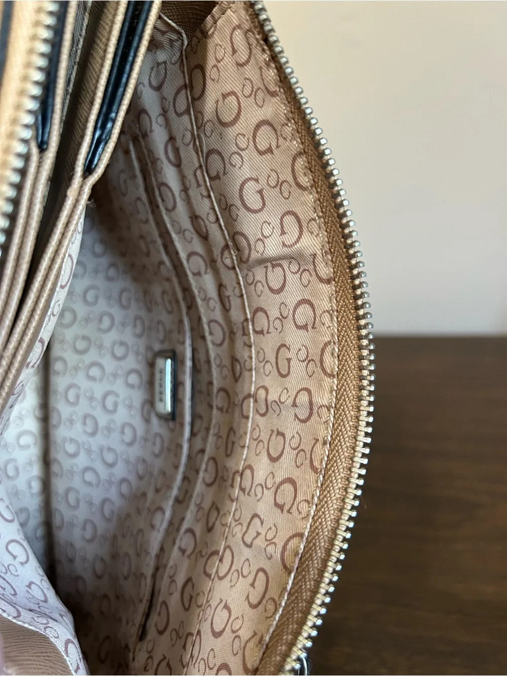 GUESS Tan Logo Print Satchel with Beige Trim
